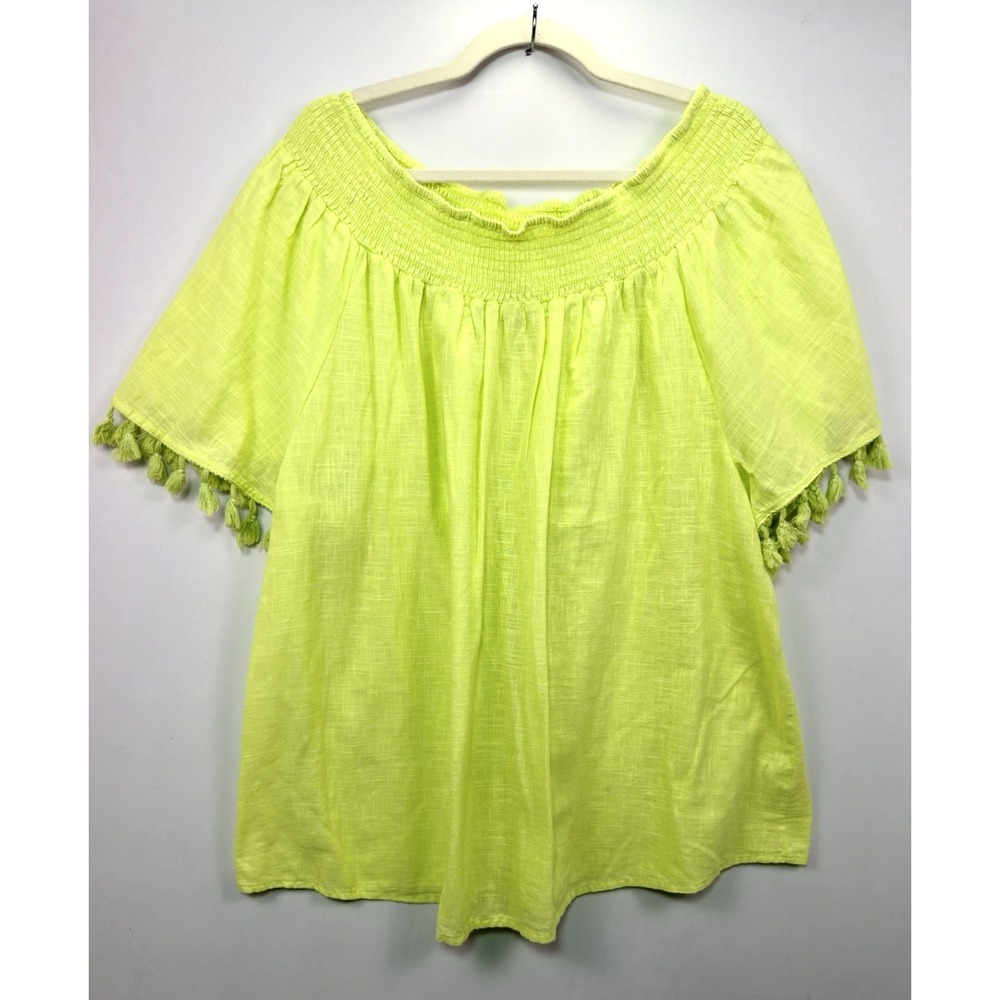 Cato Womens Boho Blouse Size L-XL Green Smocked Gauzy Boho Peasant Top Tassels